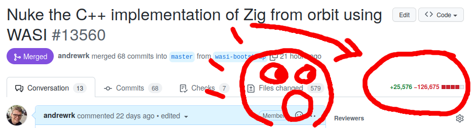 Screenshot of GitHub Pull Request depicting many lines deleted